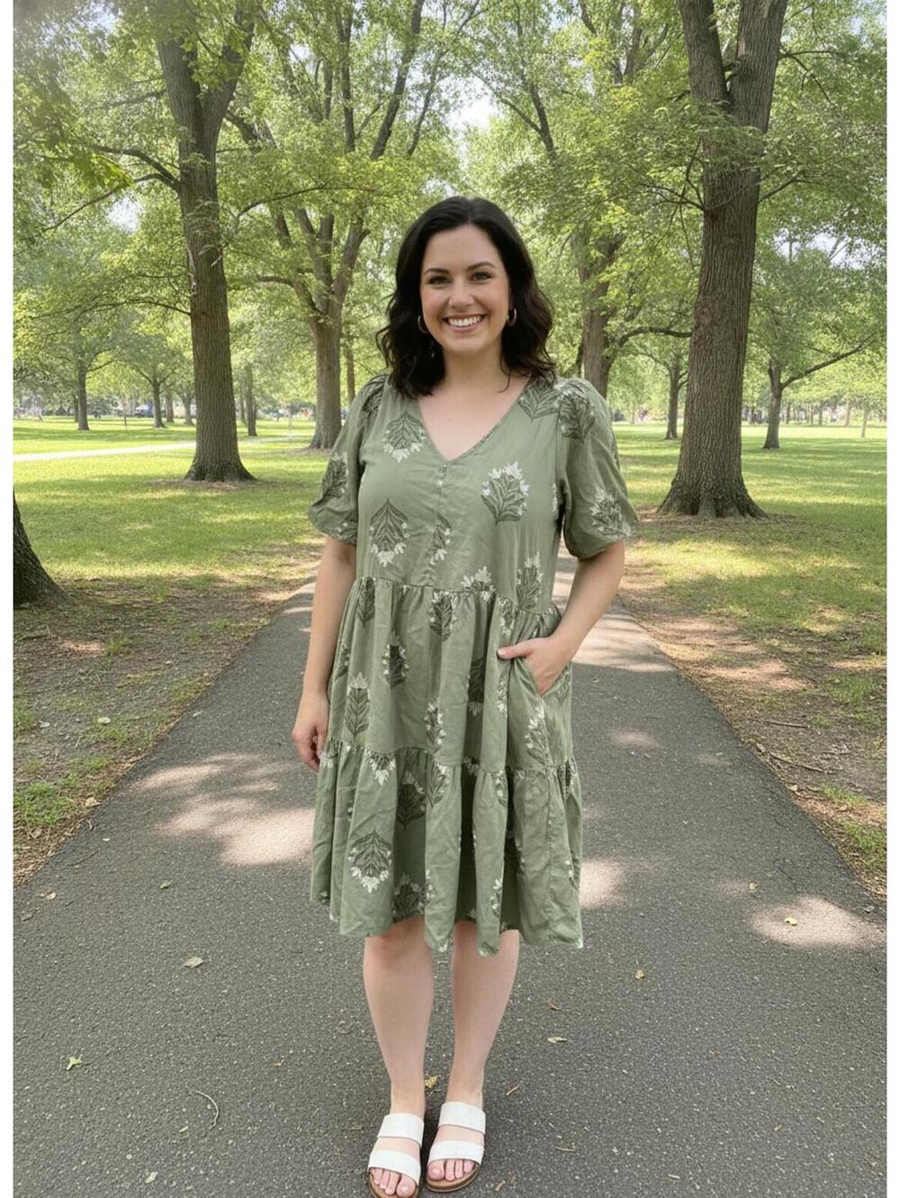 Old Navy Olive Green Floral V-Neck Peasant Dress Size XL